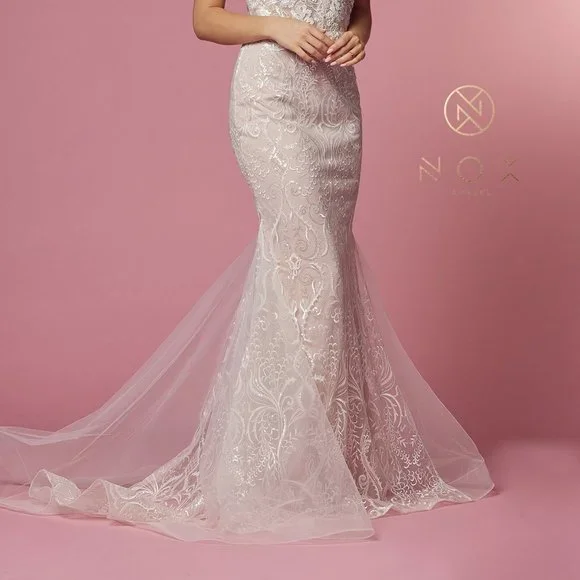 NEW LONG SLEEVELESS WEDDING MERMAID DRESS EMBROIDERED WITH FLORAL LACE NX JW909